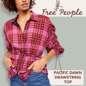 FREE PEOPLE NWT Pacific Dawn Red Plaid Drawstring Peplum Top/LG